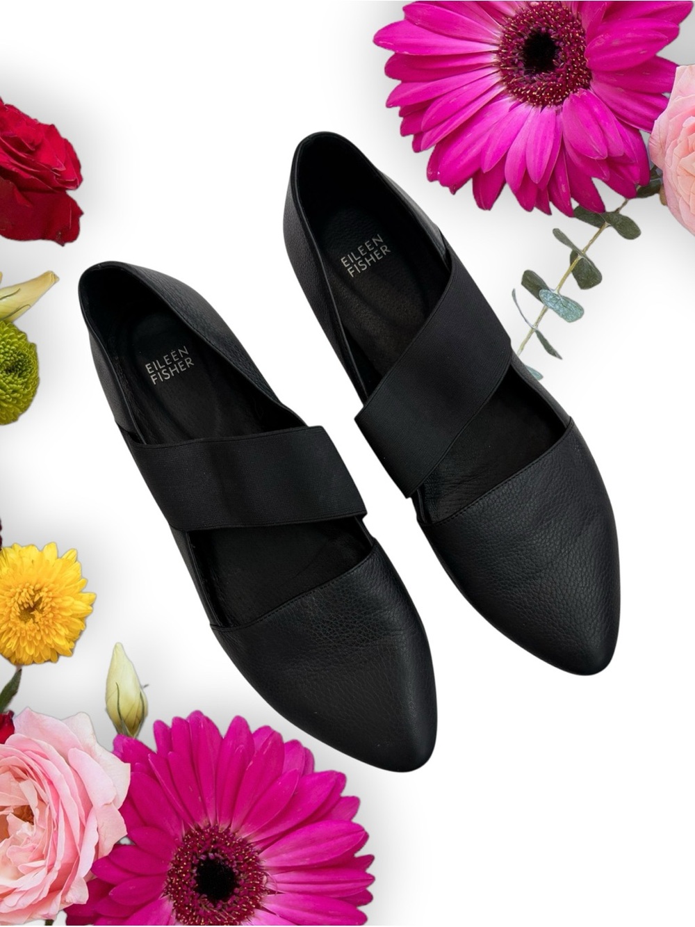 Eileen Fisher Black Pointed-Toe Elastic Strap Flats